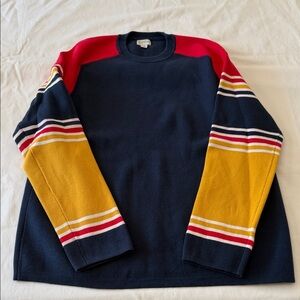 J. Crew Men's Navy, Red, and Yellow Striped Crewneck Sweater